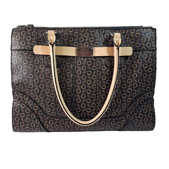 Guess Logo Satchel Handbag Tote Large Multiple Compartments Coasted Canvas Black - Picture 1 of 16